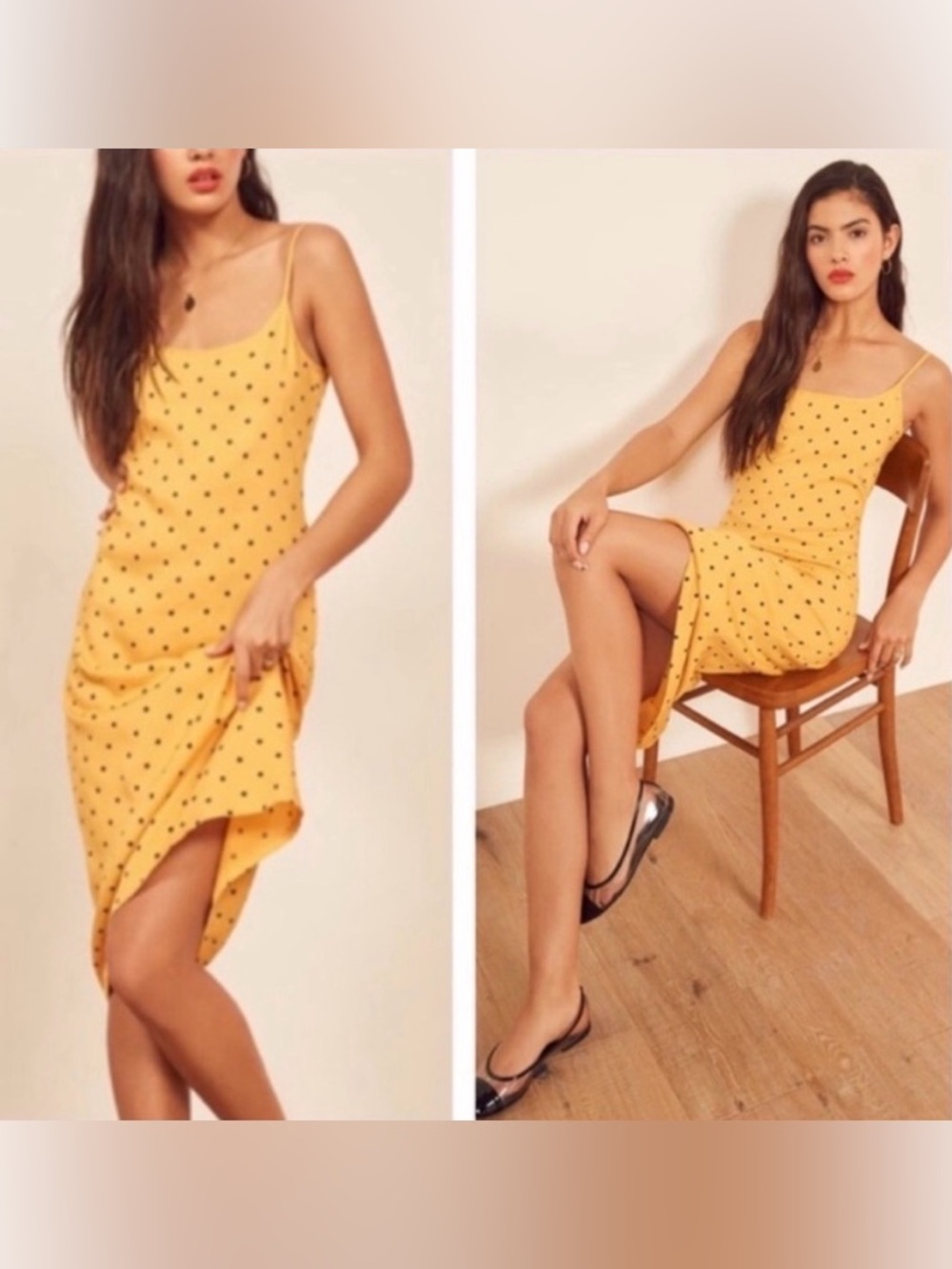 Reformation Mariah Midi Dress Size XS Yellow with Black Polka Dot FLAWED